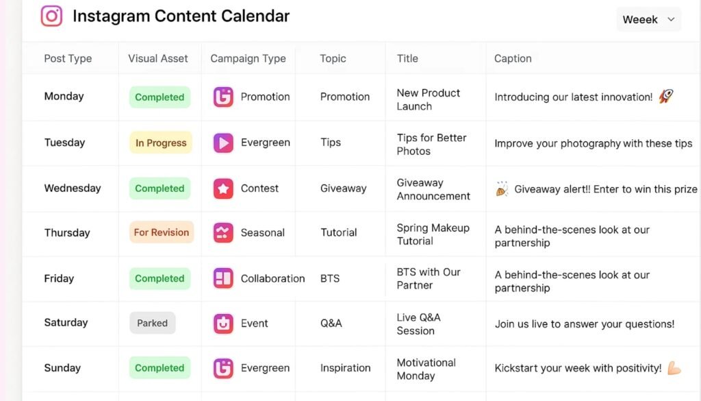Sample Instagram Content Calendar Overview